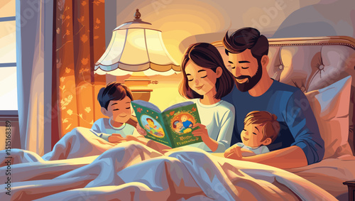 Cozy family reading bedtime stories together in bed with warm lighting