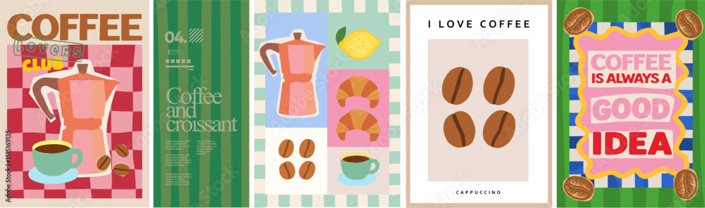 Coffee and cappuccino. Vector illustration of coffee pot, cappuccino or americano cup, croissant pastry, coffee beans, lemon for kitchen or cafe art poster, postage stamp, background or postcard