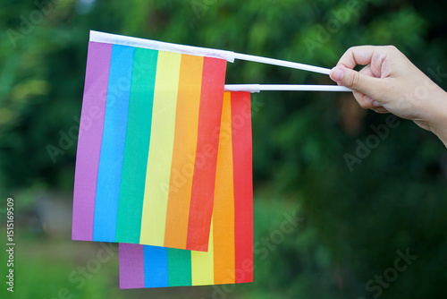 Asian woman holds a rainbow flag on a green background of trees on her wrist, wearing a black wristband printed with the message PRIDE and a rainbow wristband. Symbol of lgbt pride.