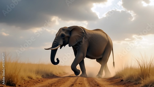 African elephant family in the wild nature of a Kenyan safari sunset