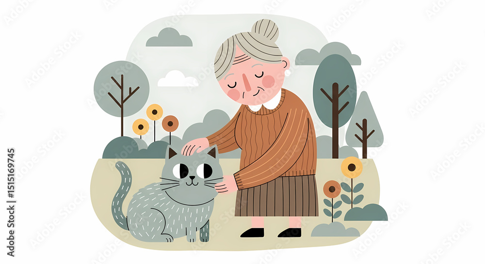 Naklejka premium Elderly woman petting a gray cat in a colorful outdoor garden 