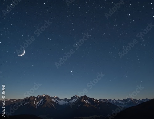 Night sky over majestic mountains crescent moon and stars.