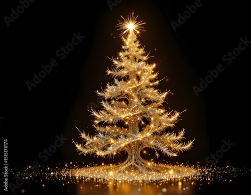 Glowing gold and silver Christmas tree with sparkles on black background.