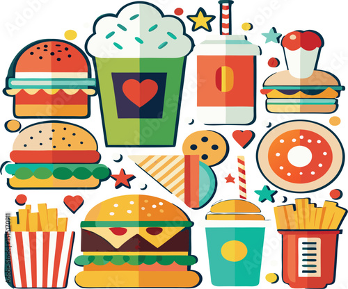 Fast food icons collection burger fries soda donut
