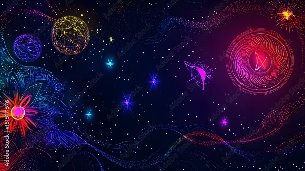 Fototapeta premium Colorful abstract space design with glowing celestial objects and floral patterns.