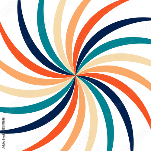 Spiral retro sunburst pattern background. Swirl groovy sun rays. Psychedelic radial burst 70s starburst hypnotic illustration