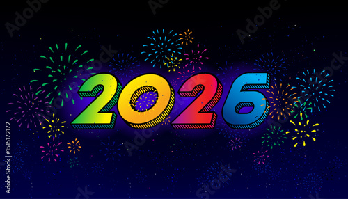 2026 with colorful fireworks and typography design.
