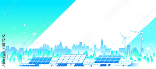 Clean energy from solar plants and renewable sources with cityscape background. Ecology concept
