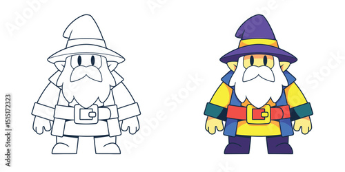 Cute gnome cartoon coloring pages with black outline and colored version.