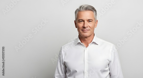 A distinguished older gentleman with silver hair, smartly dressed in a crisp white shirt, exudes confidence and maturity in a professional studio shot. 