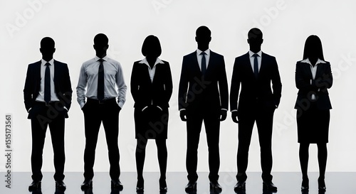 A silhouette of professional business people in formal attire and a confident presence.  Captured in a minimalist style with a sleek modern aesthetic, offering versatility.