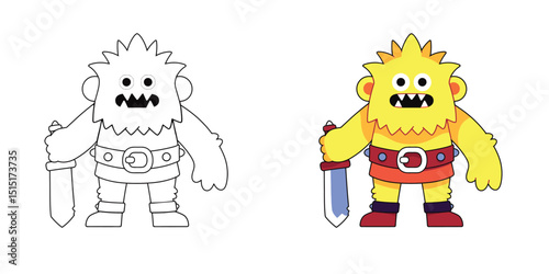 Cute monster with sword coloring pages for kids and adults.