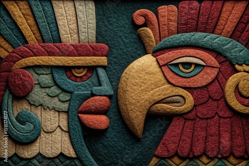 Dos rostros ancestrales, uno humano y otro de ave, emergen de un fondo texturizado, evocando la sabiduría y el poder de las culturas mesoamericanas. photo