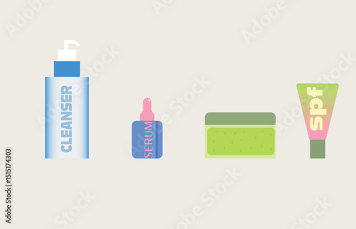 skincare treatment products vector illustration with cleanser, serum, cream, sunscreen. Eco cosmetic for branding, social media, design