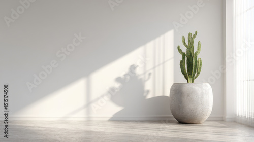 single tall cactus in large decorative pot positioned against clean light wall bathed in ultrabright natural light