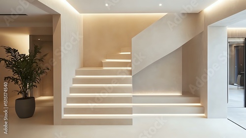 Designer staircase in modern home with cantilevered steps  neutral walls and hidden LED lighting details