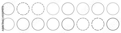 Round dotted circle set, dotted line circle frame, circle shapes with and dots and dashed lines