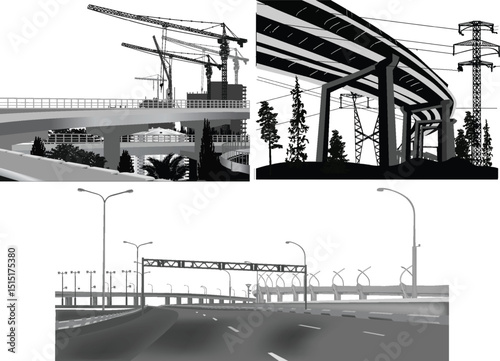 three grey bridges compositions on white