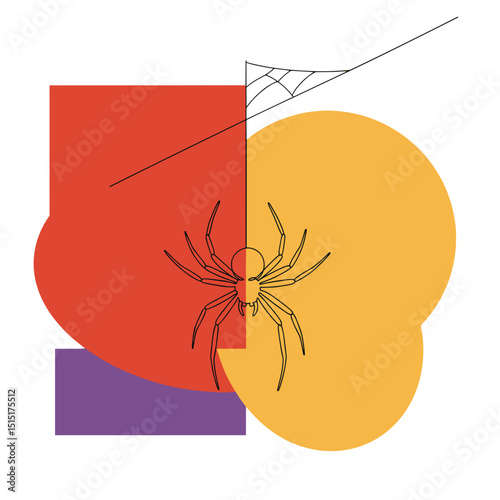 Illustrated spider on abstract shapes with web, Halloween decor and nature theme