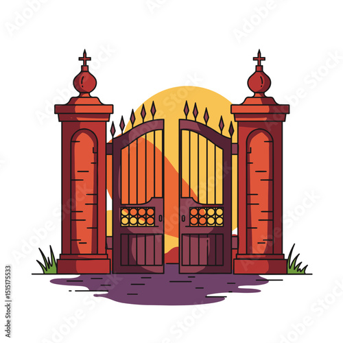 Iron Spiked Cemetery Gate at Sunset, Halloween and Haunted Themes