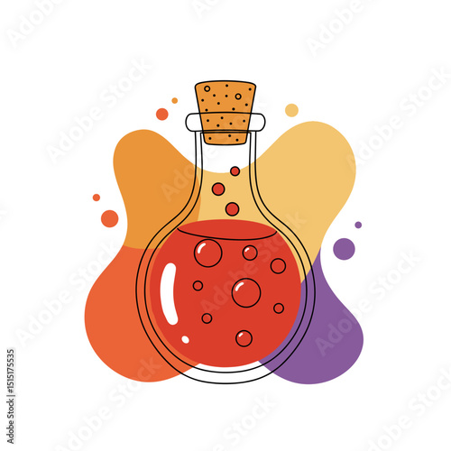 Potion Bottle with Cork Stopper and Bubbles, Enchanted Liquids and Witchcraft Elements