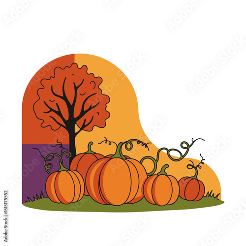 Pumpkins with Twisted Vines and Autumn Tree in Patch, Harvest Icon Illustration