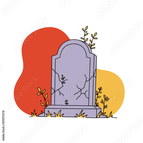Broken Gravestone with Weeds, Abandoned Cemetery Halloween Decay