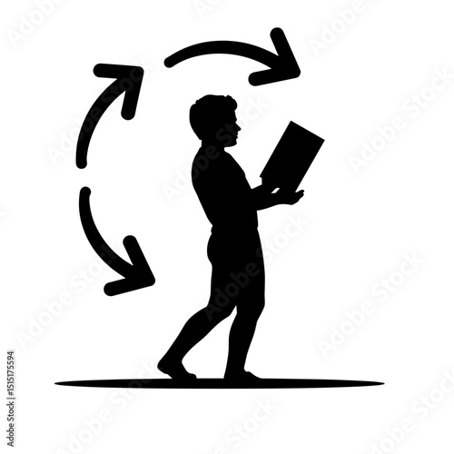 Silhouette of person uploading document with sync arrows, cloud technology concept