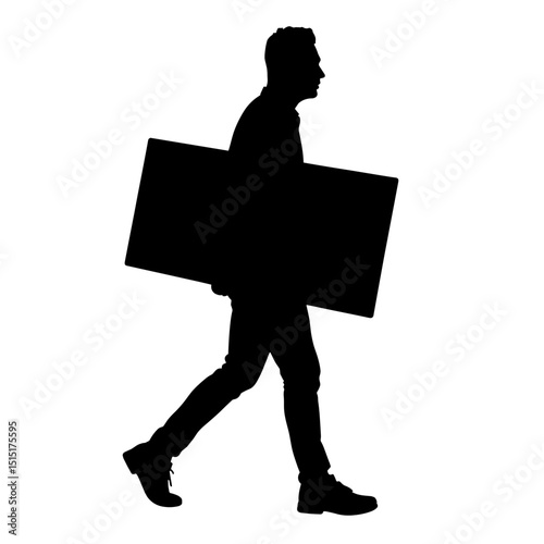 Silhouette of person carrying solar panel on white background, eco-friendly energy