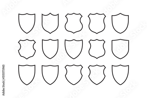 Shield Array: An organized collection of shield icons, designed in a simplistic style, offering diverse design variations and serving as versatile assets for representing security, protection.