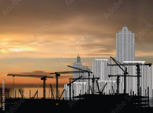 composition with house building at fine orange sunset