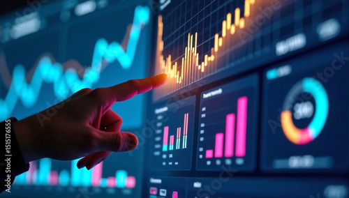 Data analytics dashboard of business marketing or finance. Analyst touching growth graph.