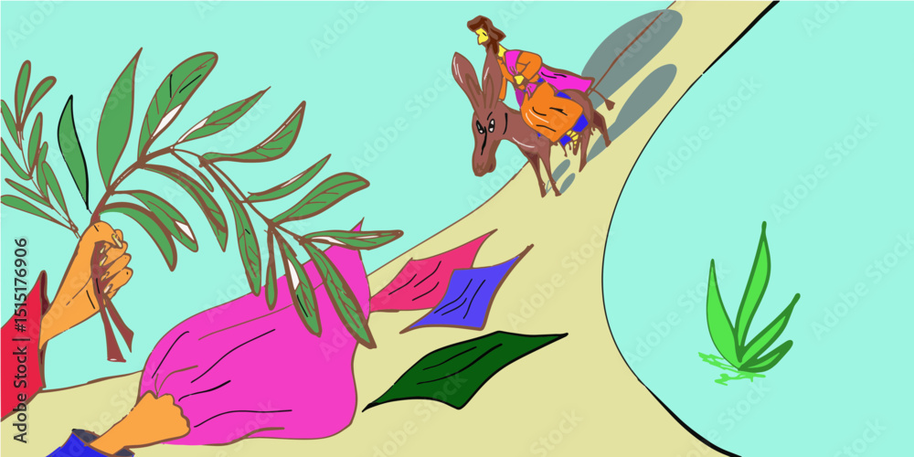 Fototapeta King is coming on the donkey palm branches and dressing on the road greeting hand painting vector illustration 
