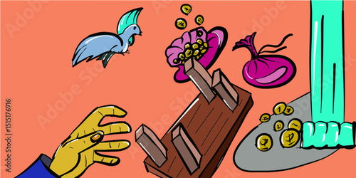 Coins and pigeons in the temple hand drawn vector illustration of a graffiti