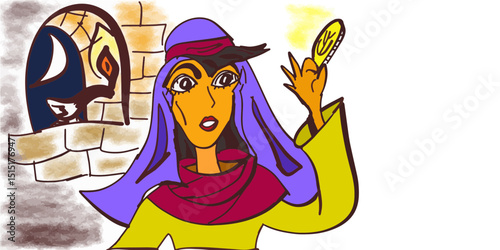 Woman found the drachma coin that she had lost and rejoicing at ancient view handmade vector illustration 