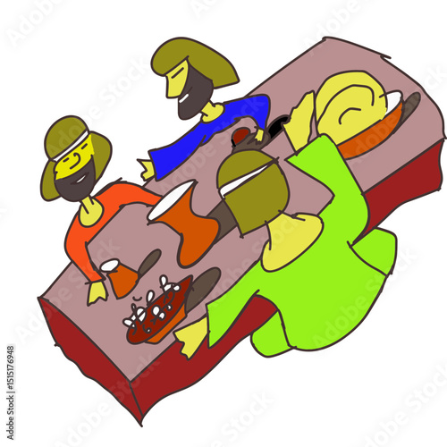 cartoon illustration of a picnic dinner at wooden table with bread and wine hand painted vector  illustration wallpaper 