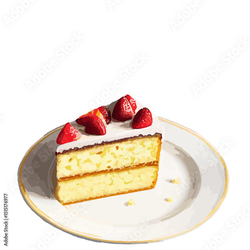 Fresh and tasty piece of cake with strawberry on the white plate cooking view hand painted vector  illustration wallpaper 