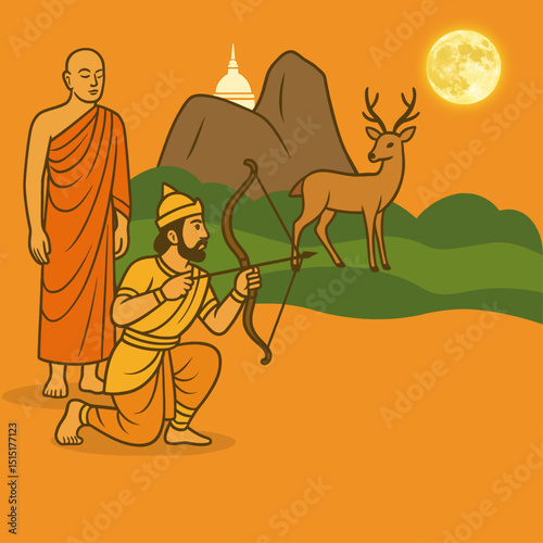 Poson Day Background with Mihintale Silhouette and Full Moon – Buddhist Festival Design Resource for Sri Lanka