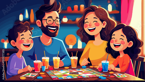 Joyful family having fun during a game night with drinks and laughter