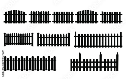 white picket fence  vector illustration .Wooden fence silhouette, rustic picket fence vector icon.Set of black fence on white background.picket logo. 