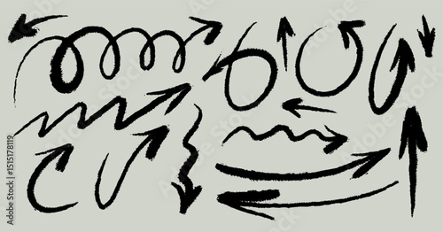 Set of black  chalked arrows. Hand drawn charcoal symbols for hand drawn diagrams. Freehand different curved arrows, swirls, crosses, check marks. Template vector doodle marker drawing.
