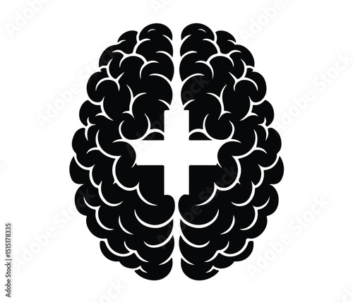 Black Silhouette Brain with Plus Sign for Medicine, Vector Brain Icon with Medical Cross Symbol