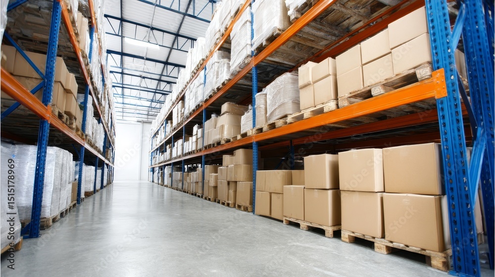 Fototapeta premium Extensive Warehouse Inventory Rows of Cardboard Boxes - Organized warehouse, rows of stacked cardboard boxes, efficient storage, logistics, distribution center. Symbolizing: order, efficiency
