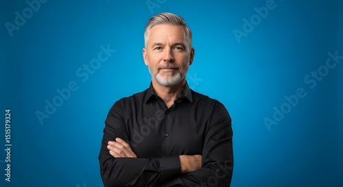 A distinguished man with a mature look, dressed in a black shirt, with a composed expression, and arms crossed confidently against a captivating blue backdrop.