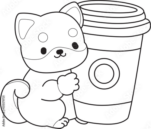 Coloring page of Fluffy Shiba Inu. Outline of Happy doggy illustrations.
