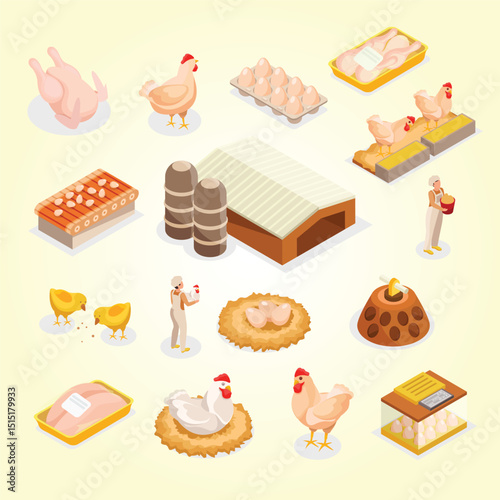 Chicken farm set with sixteen isolated isometric icons of poultry products images of animals and workers vector illustration meadow poultry ecological feathered flock nutrition breeding protein