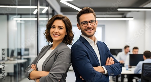 Two business professionals, back to back, showcasing unity in a modern, well-lit office. Reflecting professionalism, teamwork, and confident body language.