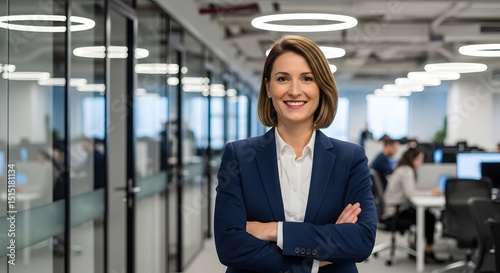 A confident businesswoman with arms crossed, stands in modern office. Capturing leadership and professional excellence, embodying business acumen and success.