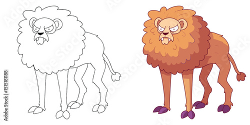 Grumpy lion cartoon character coloring pages for kids' activity.