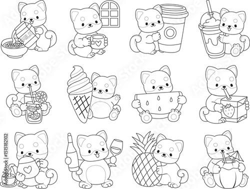 Coloring page of Fluffy Shiba Inu. Outline of Happy doggy illustrations.
